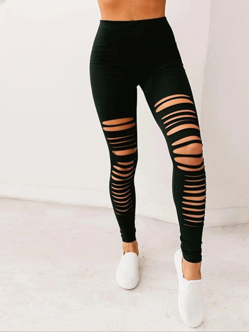 Imagen de Leggings de seda de leche para mujer, pantalones ajustados de Color sólido europeo y americano, negro roto, nueve puntos, moda Simple, nuevo