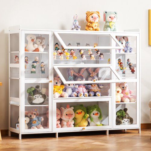 Afbeelding van 4-laags vitrinekast met acryldeuren, 67 transparante bamboe curiosvitrine voor figuren, displayplanken voor verzamelobjecten