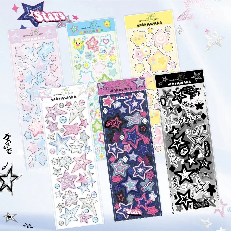 Image of Cute Colorful Star Pattern Stickers Sheet for DIY Scrapbooking, K-pop Idol Photo Card Decoration, Korean Style Craft Supplies
