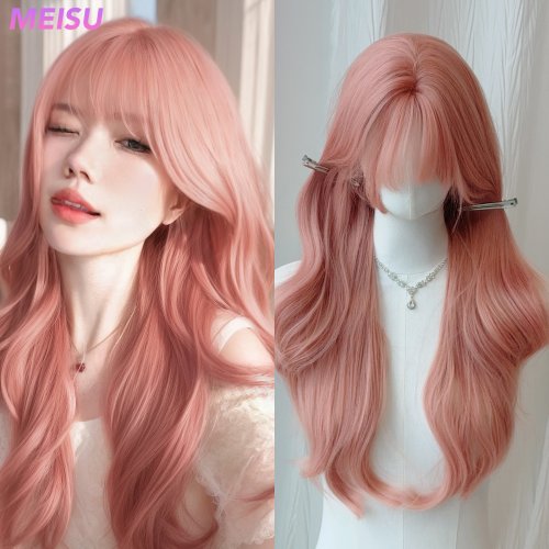 Afbeelding van 26-inch synthetische lange krullende ponypruik met roze-bruine vezel, hittebestendig en natuurlijk uitziend, perfect voor dagelijks gebruik voor vrouwen