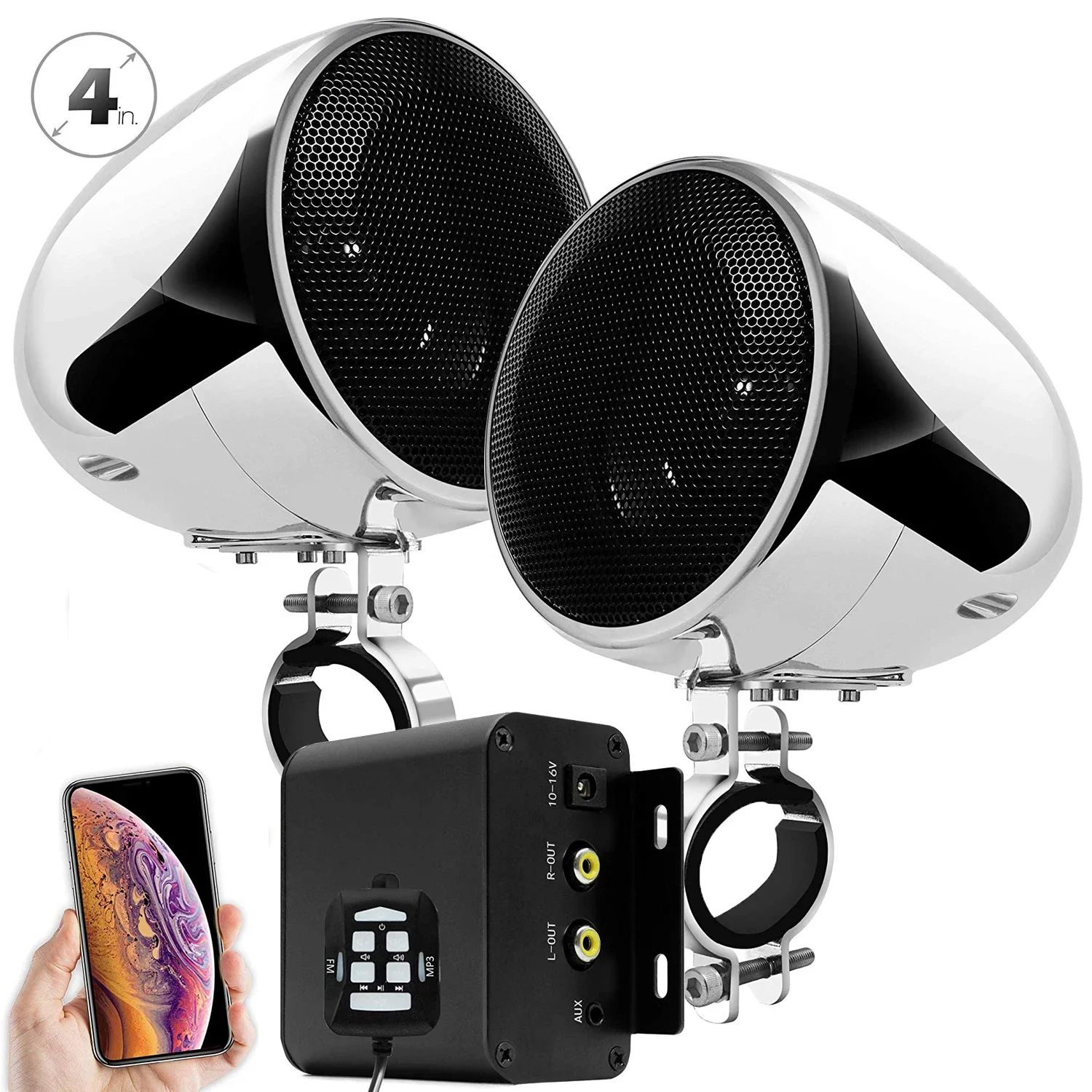 Imagen de Sistema de audio para motocicleta de 150W y 2 canales con amplificador estéreo multimedia, altavoces...