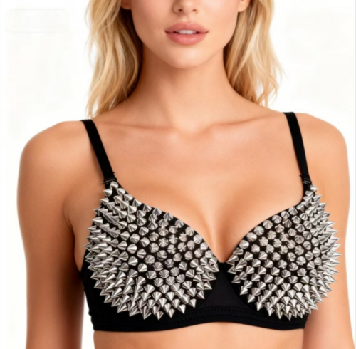 Image of Silver Rivets Punk Rave Bralette Lingerie Gothic Bra Top Sexy Push Up Brassiere Nightclub Party Bar Fashion Hot Bras For Women
