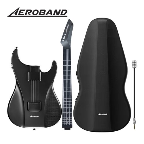 Immagine di Chitarra Elettrica Aeroband con Corde in Silicone Indolore, Kit All-in-One per Viaggio con 9 Stili Sonori, Basso e Acustico, Incluso Microfono e Altoparlante