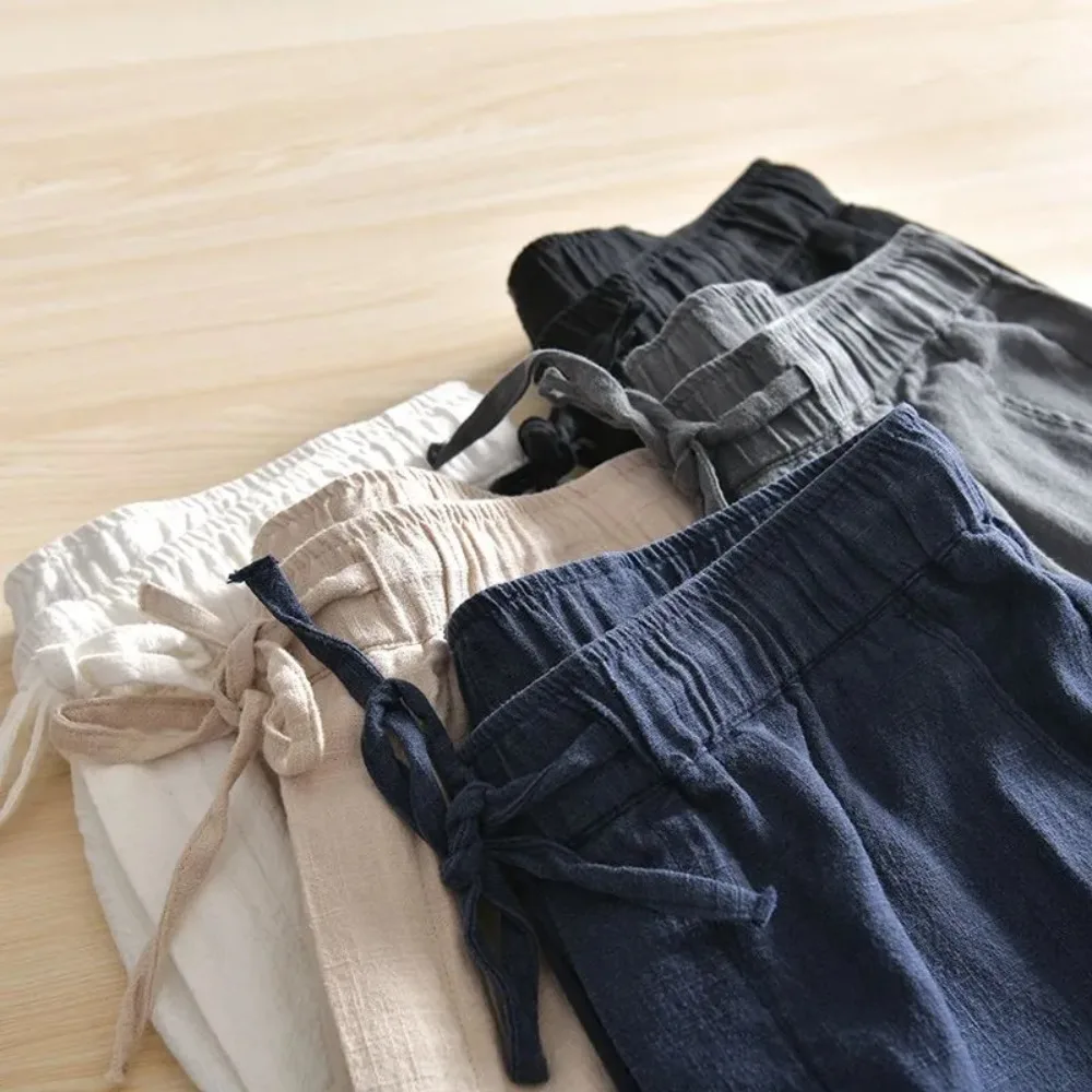 Image of Men's Cotton Linen Casual Pants – Baggy Streetwear Joggers with Solid Color Long Straight Fit for Trendy Everyday Wear