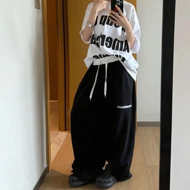 Imagen de Pantalones de Chándal Y2K Estilo Hip Hop para Mujer, Cintura Alta, Pierna Ancha, Ropa de Calle Informal, Diseño Retro Americano en Negro
