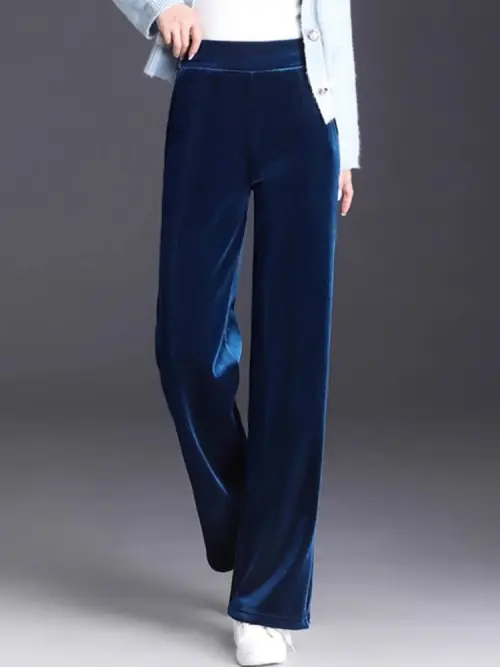 Image de Pantalons évasés femme en soie glacée taille haute bleu 6XL