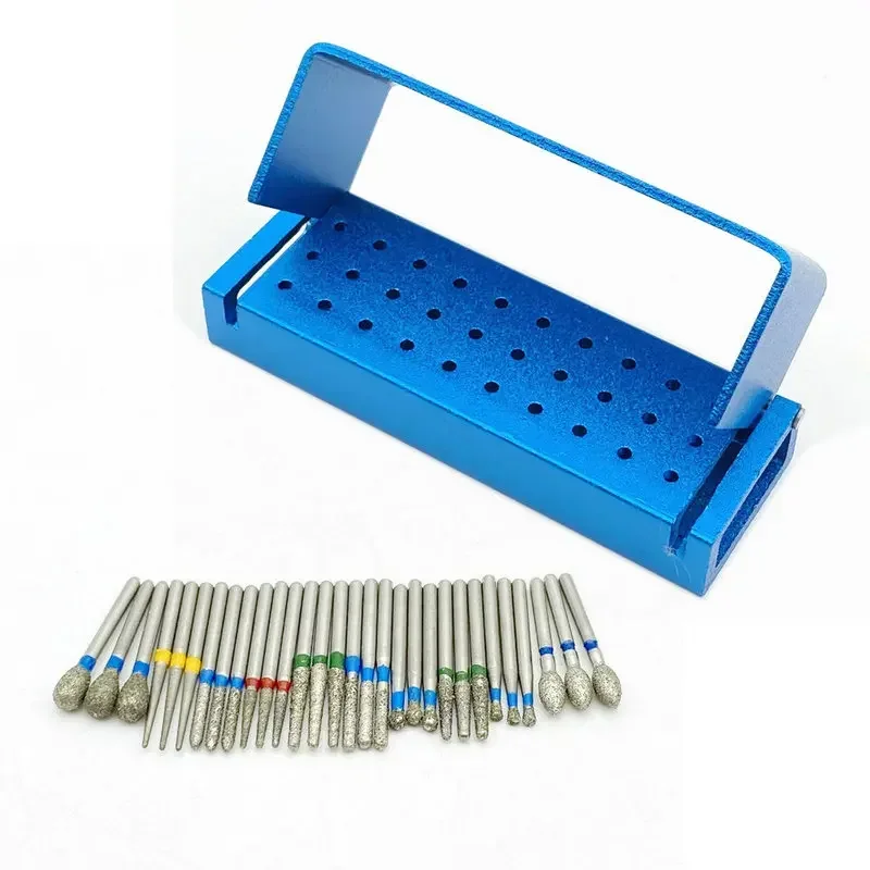 Zdjęcie Zestaw 30 diamentowych wiertel dentystycznych z szybką rękojeścią i blokiem do dezynfekcji – profesjonalne narzędzia stomatologiczne z aluminiowym uchwytem