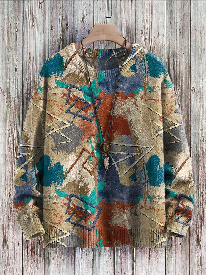 Zdjęcie Sweter z dzianiny z nadrukiem w stylu vintage – elegancka i wygodna odzież męska