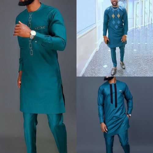 Image of Summer African Men's Traditional Elegant Dashiki Suit Set – 2-Piece Shirt and Pants Full Outfit, Designer Abaya Style Costume