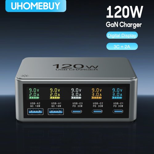 Imagen de Estación de Carga Rápida de Escritorio 120W con Pantalla Digital, 5 Puertos USB-C y PD para iPhone, Samsung, Xiaomi y Tablets
