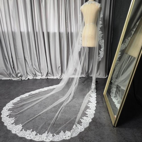 Image of Romantic Ivory Eyelash Lace Mantilla Wedding Veil with Hidden Comb – 3M Long, 1.5M Wide Single Tier Bridal Veil