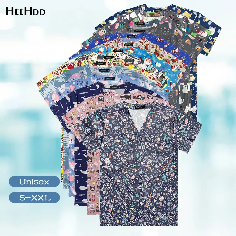 Afbeelding van Mooie Print Scrubs Top Vrouwen Cartoon Katoen Tandheelkundige Kliniek Ziekenhuis Werkkleding Mannen Korte Mouwen Jas Groothandel