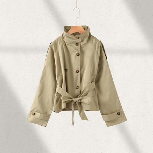 Imagen de Cortavientos elegante con doble cinturón para mujer, chaqueta informal de color caqui de manga larga...