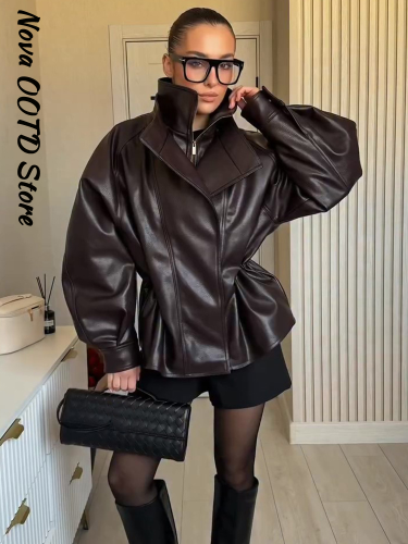 Imagen de Chaqueta de Cuero Sintético para Mujer con Cinturón Ajustable, Manga Larga, Doble Botonadura y Bolsillos - Abrigo Elegante de Otoño 2025