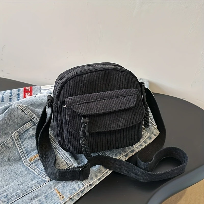 Bild von Cord-Umhängetasche für Damen, lässig, Harajuku-Stil, Reißverschluss, verstellbarer Riemen, mehrere Taschen, Polyester-Futter, Beige
