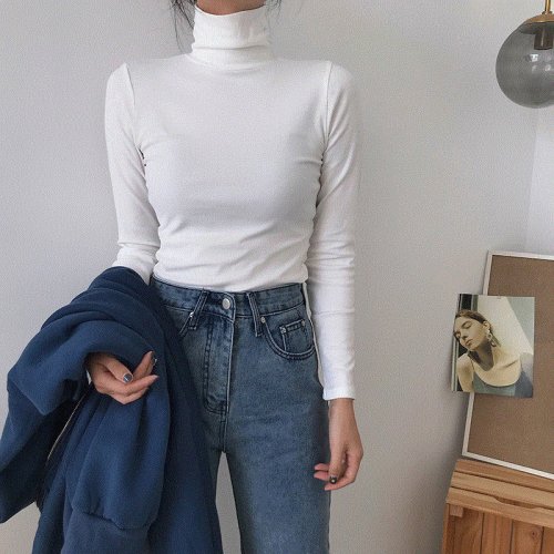 Zdjęcie Jesienne topy z golfem z długim rękawem, slim fit, dzianinowy sweter podkoszulek w stylu koreańskim, modny pulower Harajuku, odzież damska