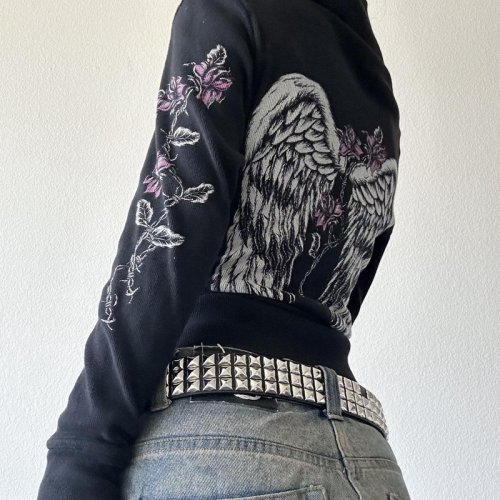 Immagine di Giacca vintage estetica anni '00 Y2k Felpa con zip grunge Stampa ali di fiori Felpe slim fit E-girl Gothic Cool Street Outwear