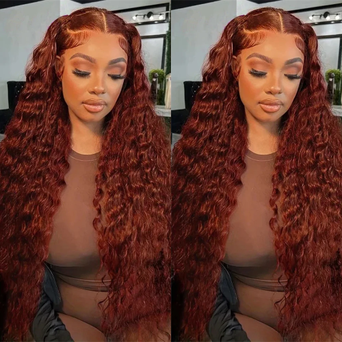Image of Luxurious Reddish Brown Deep Curly Lace Frontal Wigs 13x4 & 13x6 – Natural Human Hair Deep Wave Full Lace Wigs with Fall-Colored Realistic Texture