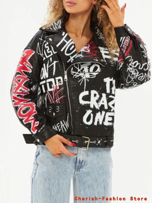 Image of Women's Autumn Winter Faux Soft Leather Jacket with Rivet Zipper, Epaulettes, and 3D Print Design – Stylish White and Black PU Motorcycle Coat for Streetwear Fashion