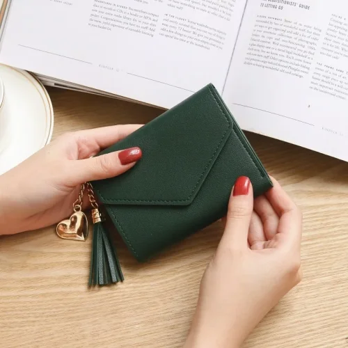 Imagen de Carteras cortas de moda para mujer, billetera de cuero PU con borlas de lujo, billetera pequeña con ...