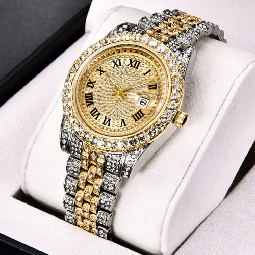 Image of Elegant Full Diamond Men's Watch with Starry Sky Calendar and Gold-Tone Stainless Steel Band