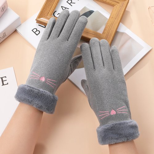 Afbeelding van Wintervrouwen Handschoenen met Fluweel en Pluche, Touchscreen Vriendelijk, Dikke Warme Suède Handschoenen met Schattig Sweety Cat Borduurwerk