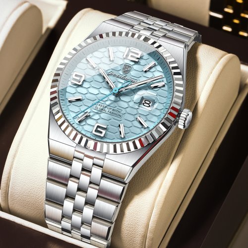 Image of Premium Men's Stainless Steel Quartz Watch with Luminous Dial, Waterproof Design, Date Display, and Luxury Box