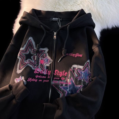 Afbeelding van Esthetische Sterrenprint Zip-Up Sweatshirt voor Mannen en Vrouwen – Losse Herfst-Winter Hoodie met Capuchon, Harajuku Y2K Stijl