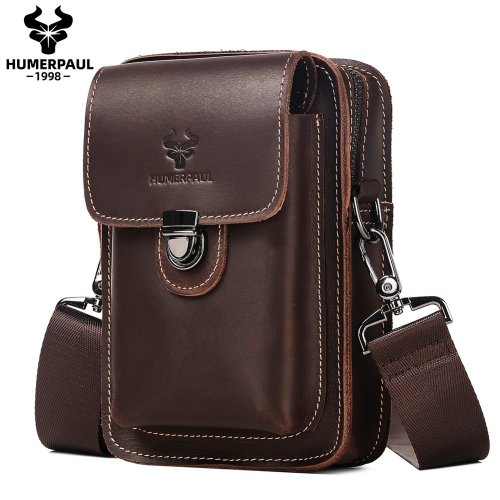 Bild von HUMERPAUL männer Taille Tasche Crazy Horse Leder Kleine Schulter Messenger Taschen Qualität Multifunktionale Telefon Tasche Outdoor