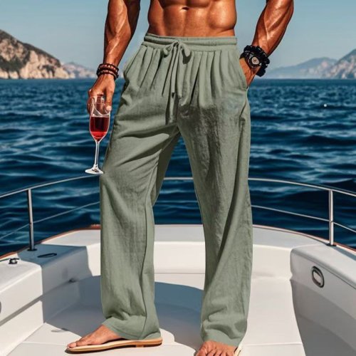 Image of Men's Summer Cotton Linen Casual Long Pants – Solid Color, Breathable, Loose Fit for Beach, Streetwear & Outdoor Activities