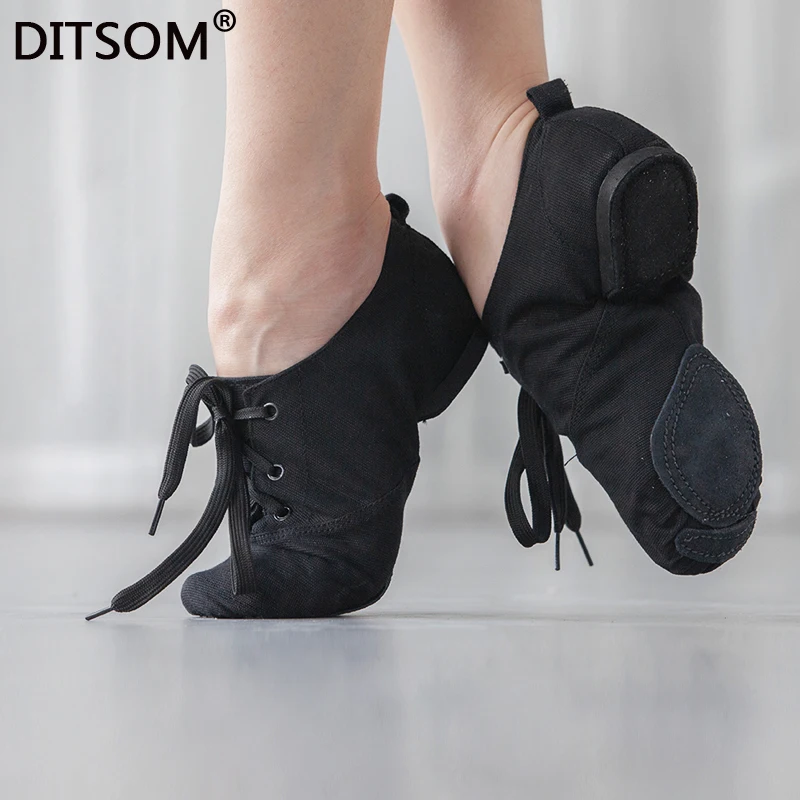 Zdjęcie Damskie buty do tańca baletowego i jazzowego z cienkiej tkaniny Sznurowane miękkie sportowe trampki do gimnastyki dla dorosłych dzieci Rozmiar 28-45