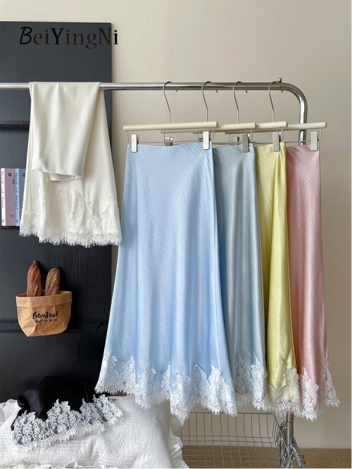 Bild von Eleganter Satin-Meerjungfrau-Rock für Damen – Frühling und Sommer, Spitze-Patchwork, A-Linie, Hüftlang, Büro-Mode, Französisch inspiriert