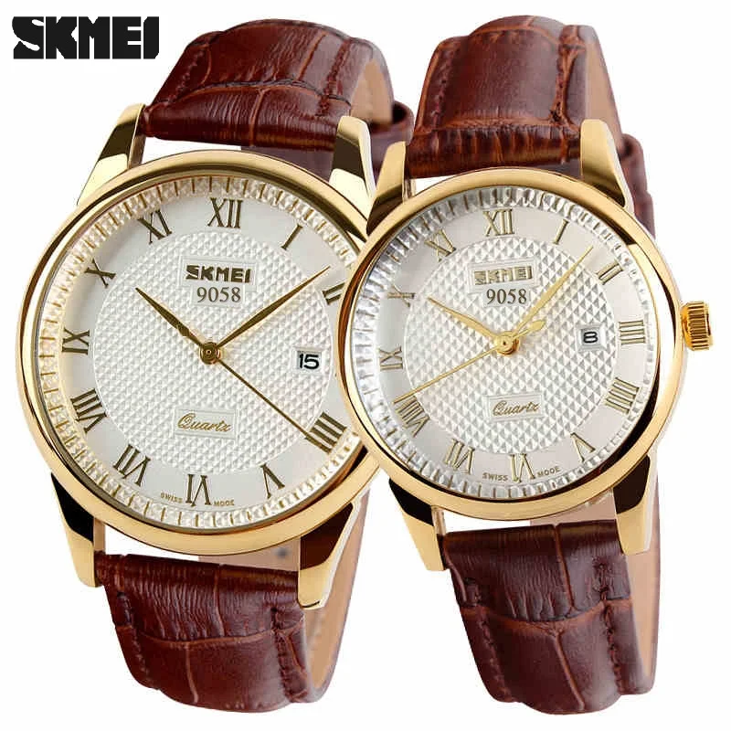 Image of SKMEI 9058 Couple Quartz Watch with Leather Strap – Fashionable Waterproof Timepiece for Men and Women