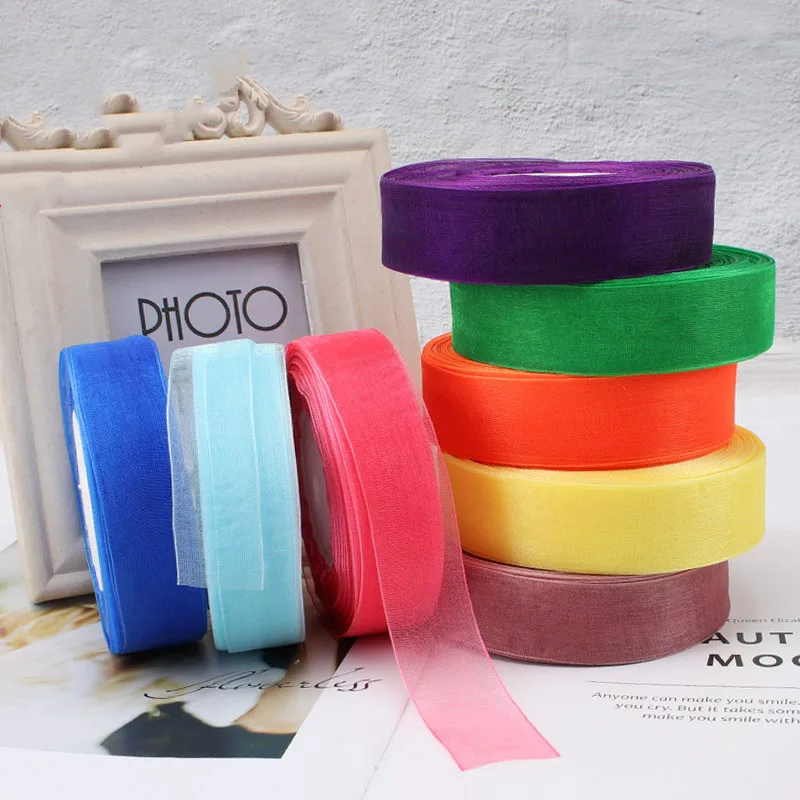 Imagen de (50 yardas/rollo) cinta de Organza de 12/15/20/25/40mm, decoración para envolver regalos, cintas de seda navideñas para manualidades DIY de boda hechas a mano