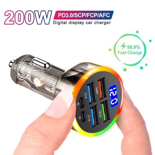 Zdjęcie Ładowarka samochodowa 200W QC3.0 PD typu C Szybkie ładowanie Automatyczny adapter do telefonu komórkowego dla IPhone Samsung Huawei Xiaomi QC USB A+USB C