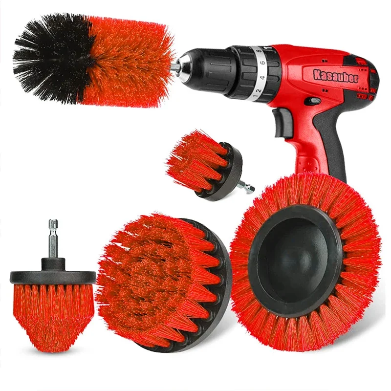 Imagen de Kit de cepillo de taladro eléctrico, herramientas de limpieza redondas de plástico rojo para alfombras, neumáticos de coche, cepillos de nailon, 3 uds./5 uds.