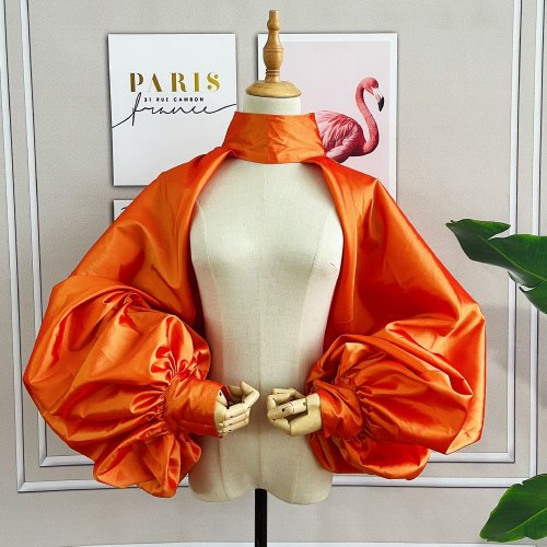 Imagen de Chaqueta de moda naranja dorada, capa con mangas abullonadas, chal Bolero corto, cuello alto con botones, accesorios nupciales
