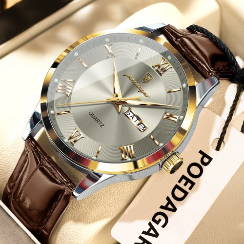 Afbeelding van Elegante Herenhorloge met Lederen Band, Datum en Weekweergave, Waterdicht Quartz Horloge met Lichtgevende wijzers voor Zakelijke Mannen