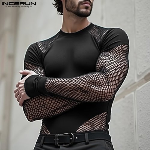 Imagen de Body Informal de Manga Larga para Hombre con Monos Empalmados de Malla Ajustada - Ropa de Casa Cómoda y Transpirable 2024
