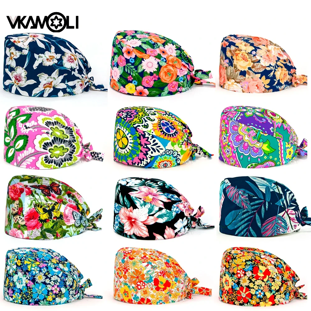 Imagen de Gorros de Enfermería con Estampado Floral para Profesionales de Salud y Cuidado de Mascotas - Gorras de Trabajo Higiénicas para Mujer con Control de Dientes