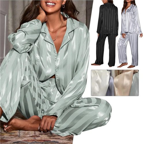 Image of Elegant Women's Summer Striped Silk Satin Pajama Set with Long Sleeve Top and Loose Fit Trousers – Comfortable Sleepwear for Spring and Home Wear
