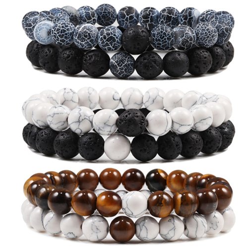 Imagen de Conjunto de Pulseras para Parejas con Cuentas de Ojo de Tigre y Piedra de Lava Natural, Joyería Elástica de Yoga para Hombres y Mujeres