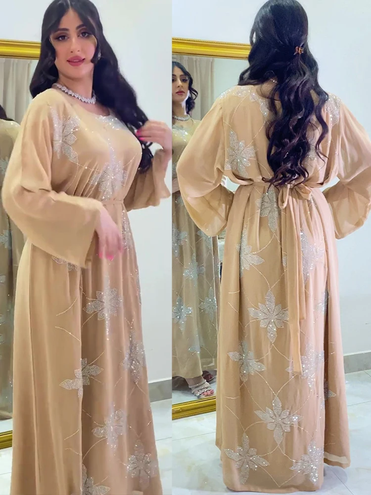Image of Elegant Diamond-Embellished Chiffon Abaya for Women – Modest Muslim Evening Dress for Eid, Ramadan, and Special Occasions 2023