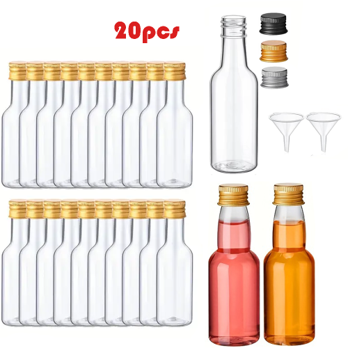 Afbeelding van Natuurlijke Mini Wijnflessen Set van Plastic met Goud, Zilver of Zwart Deksel – Herbruikbare Feest- en Partydrankcontainers voor Monster- en Geestendrank