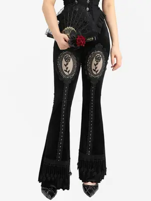 Image de Pantalon Flare Gothique Rose avec Dentelle & Rivets