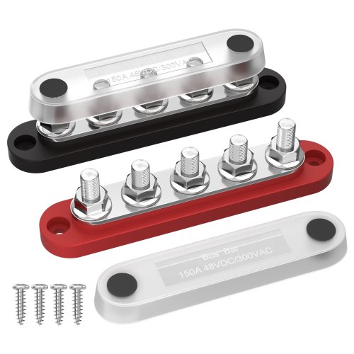 Image of Daiertek 12V Power Distribution Block with Cover – 5 x 1/4" Studs Terminal Block, Max 150A, 48VDC Positive & Negative for Automotive Applications