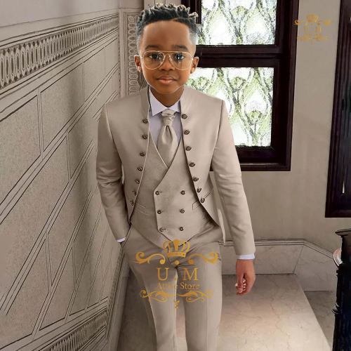 Afbeelding van Elegante Kaki Smoking Set voor Jongens – 3-delig Pak met Jas, Vest en Broek voor Feesten en Bruiloften