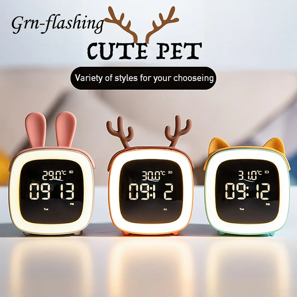 Bild von Wiederaufladbares Cartoon-Nachtlicht mit Wecker und Thermometer – Hirsch-Design für Kinderzimmer, ideal als Geschenk zum Geburtstag oder zur Einrichtung des Kinderzimmers