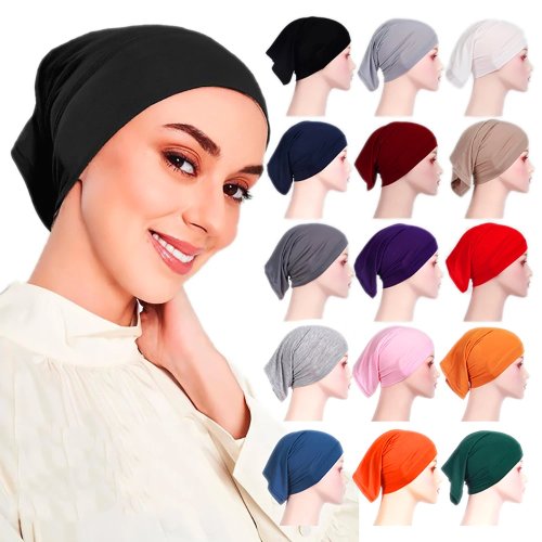 Imagen de Ramadán musulmán mujeres debajo de la bufanda Jersey elástico hiyab interior gorras parte delantera redonda debajo del gorro Hijab turbante femenino islámico capó