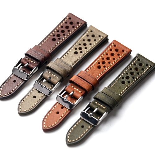 Image of Handcrafted Pueblo Italian Cowhide Leather Strap with Ventilated Design – Ultra-Thin 18mm, 20mm, 21mm, 22mm Men's Bracelet in Green, Brown, and Gray
